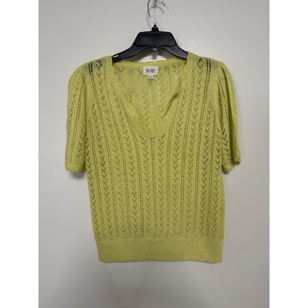 Open Knit Sweater Top S Chartreuse Short Sleeve Lightweight Cottagecore Layering